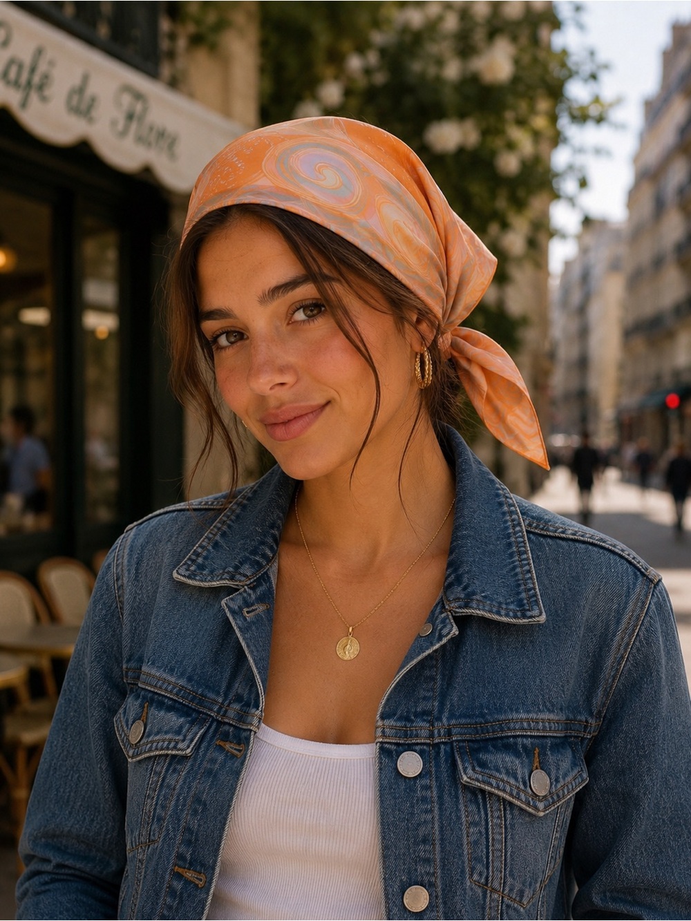 Wayf Swirl Satin Headscarf in Peach, blue and pink 27x27